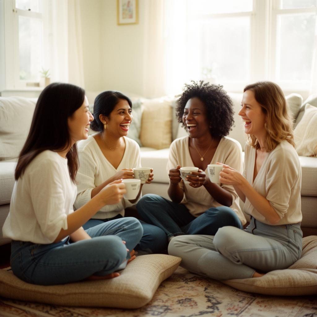 An international circle of mothers from different cultures sharing a joyful conversation