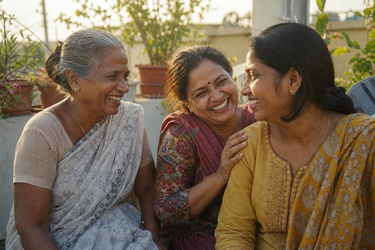 Three mothers laughing warmly together in soft pastel light